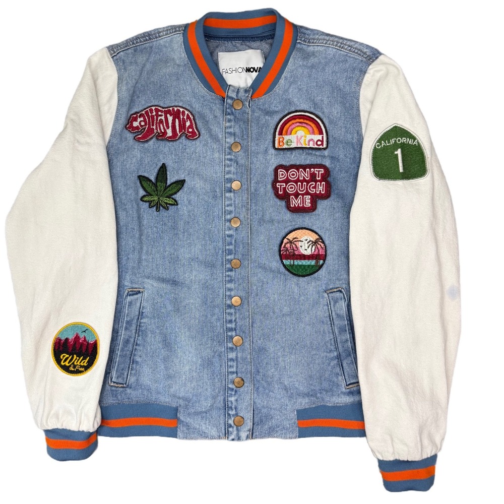 Fashion Nova California Patch Denim Varsity Jacket Women's Small Retro